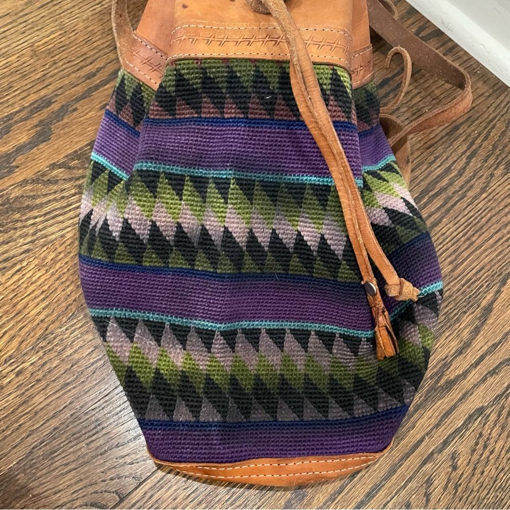VINTAGE Aztec Tapestry & Tan Leather Drawstring Backpack - Picture 7 of 10